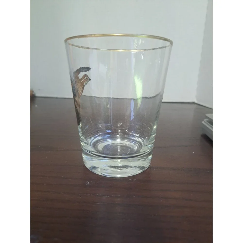 Vintage Highball Tumbler With Painted Quail In Flight And Gold Color Trim On Rim